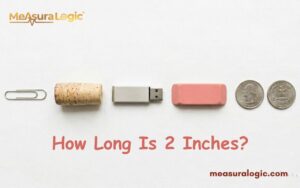 A neat row of 2 inches objects laid flat on a clean white background. Features a paperclip, wine cork, USB drive, pink eraser, and two quarters.
