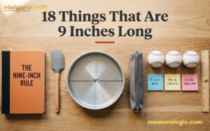 A photo with the text "18 Things That Are 9 inches Long" at the top. It features a neatly arranged rule book, spatula, cake pan, pencil case, baseballs, sticky notes, and a ruler.