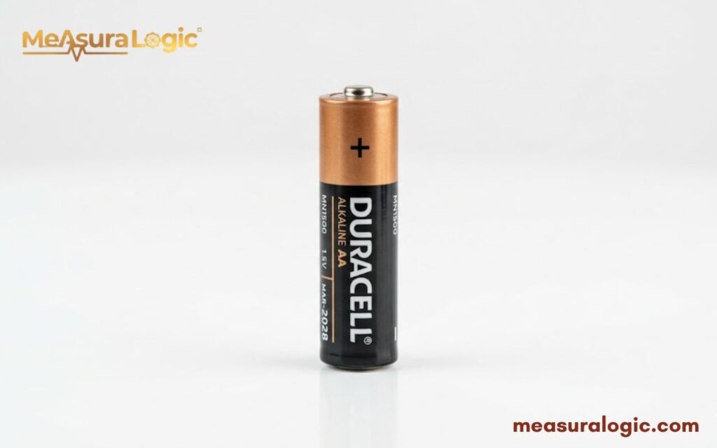 A single Duracell AA battery standing upright. Centered on a clean, reflective white background.