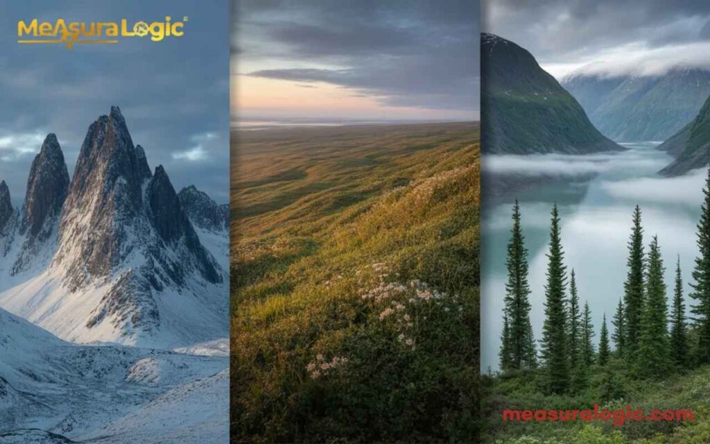 A photo split into three parts showing wild Alaskan nature. It features snowy mountains, vast green tundra, and a foggy forest by a fjord.