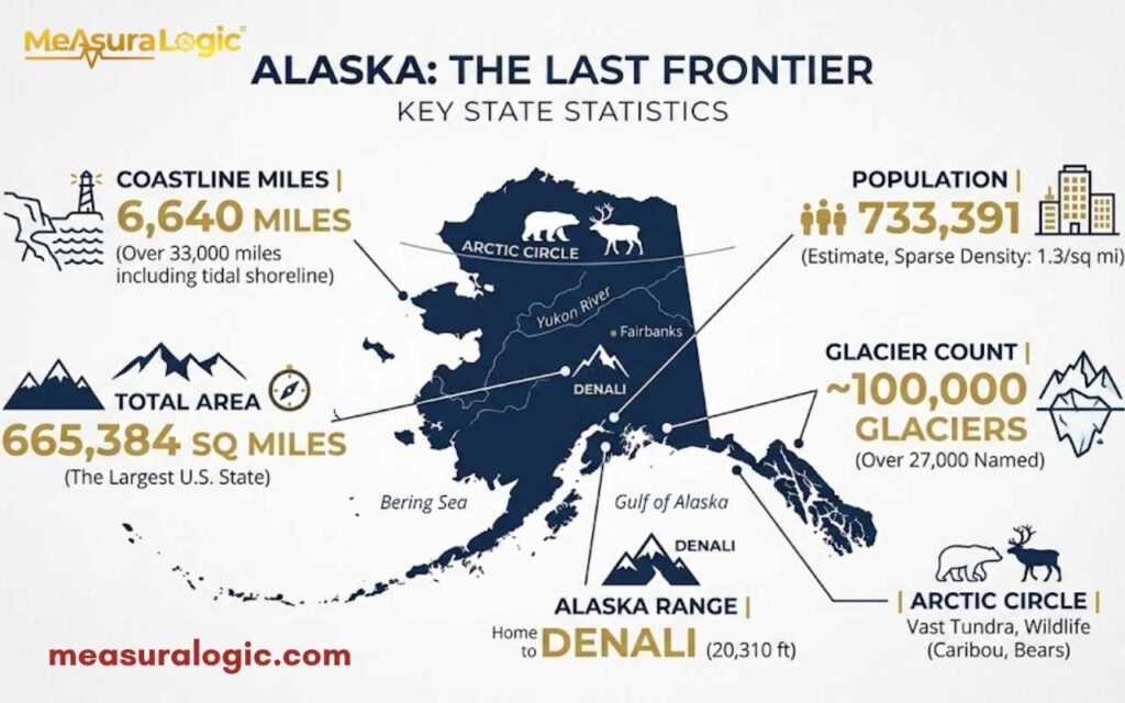 An infographic map of Alaska in deep navy blue and gold. It features data callouts with minimalist icons highlighting key state statistics.