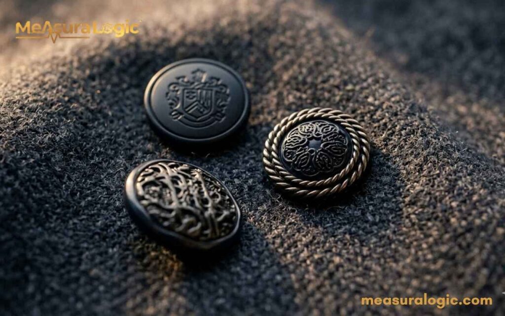 Three dark, ornate buttons with bronze accents rest on textured charcoal wool. Close-up details of a detailed crest, scrollwork, and organic relief designs.