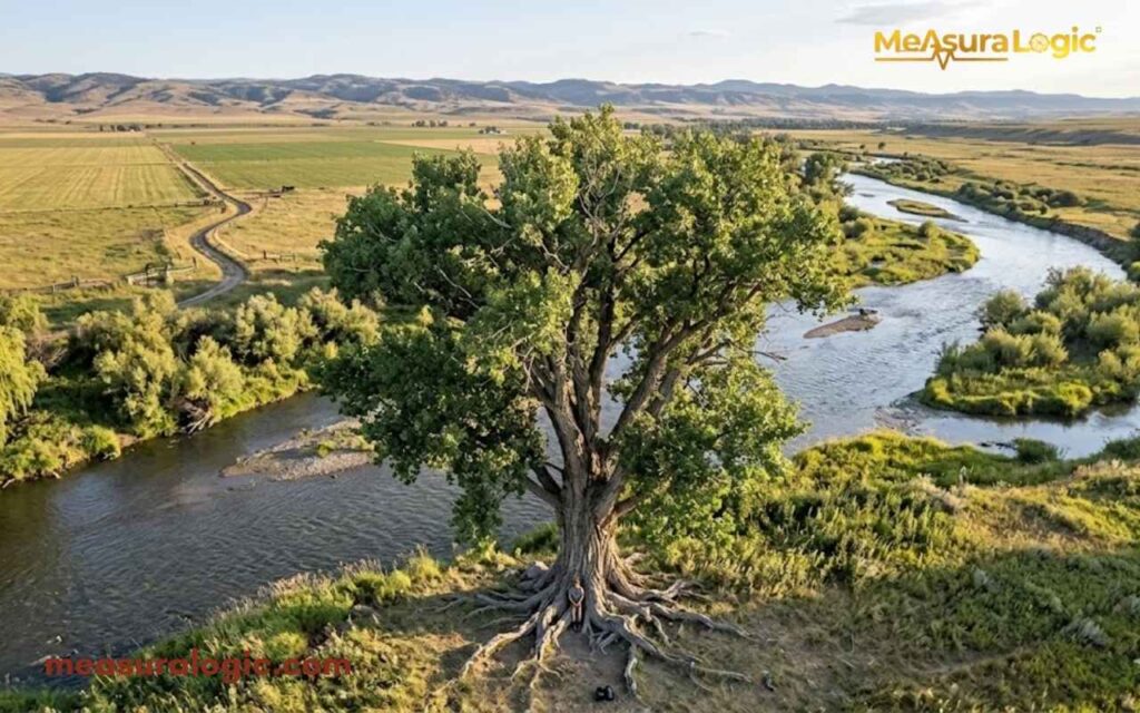 An aerial view of a giant 100 feet cottonwood tree towering over a winding river and vast plains.