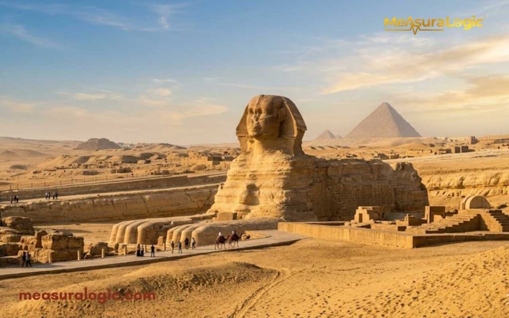 The Great Sphinx of Giza resting in a wide, sunlit desert landscape. Pyramids are visible in the background with small tourists nearby for scale.