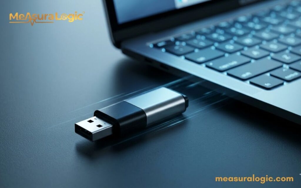 Sleek silver and black 2 inches USB flash drive. Connection lines stream data toward a glowing laptop keyboard.