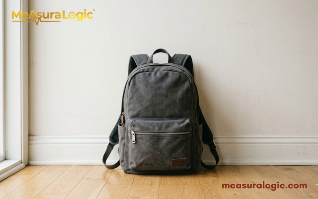 An 18 inches grey backpack stands upright on a wooden floor against a plain white wall.