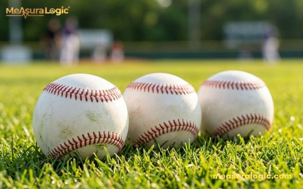 Three white baseballs with red stitching are lined up closely on a green grass field.