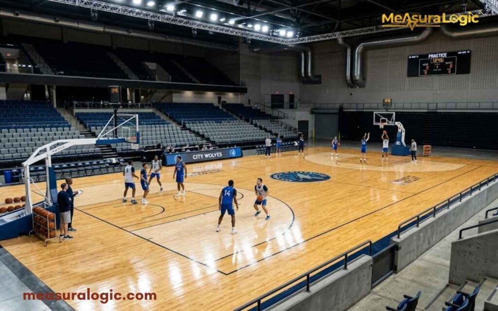 A 100 feet indoor basketball court, players practicing, hoops visible on both ends, bright arena lighting.