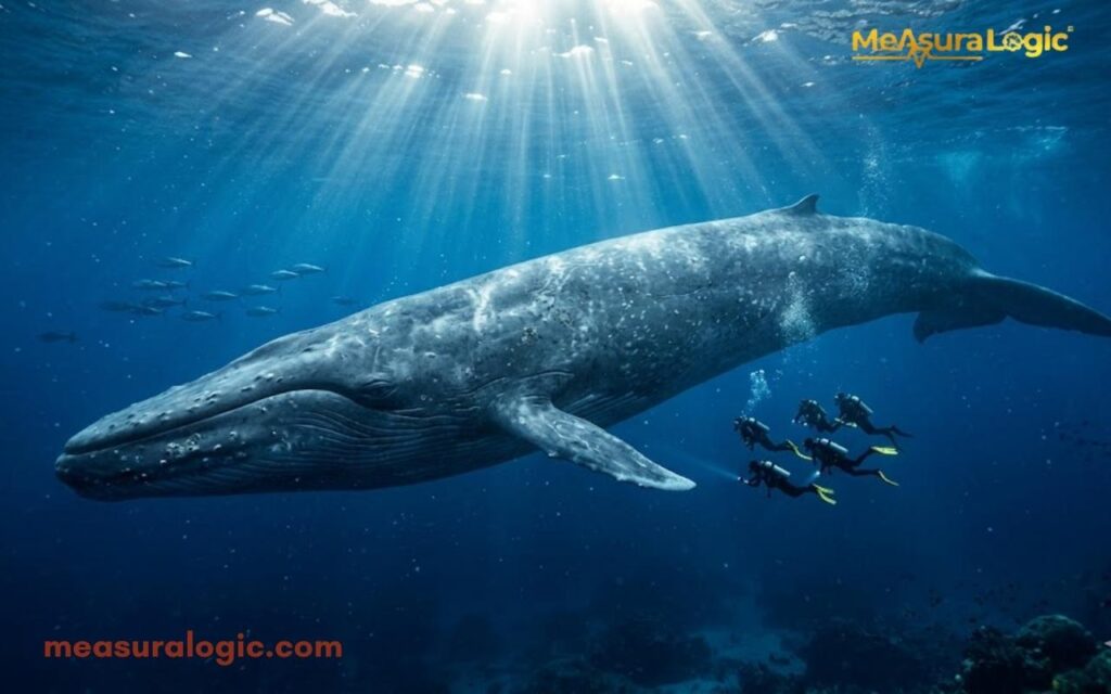 Sunbeams pierce the deep ocean water to illuminate a massive 100 feet blue whale. Several tiny scuba divers swim beside the giant creature to show its incredible scale.