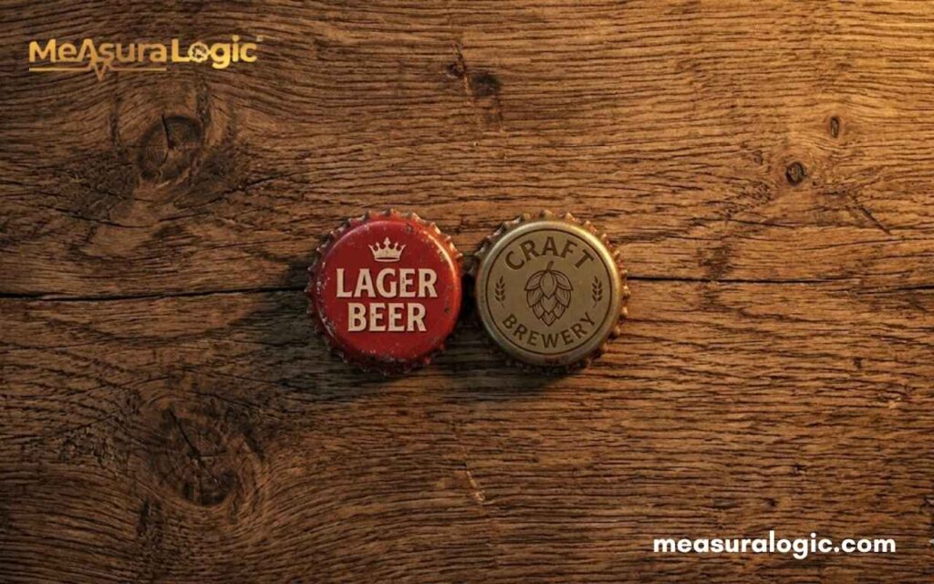 Two beer caps, one red 'Lager Beer' and one brass 'Craft Brewery', on a wood table.