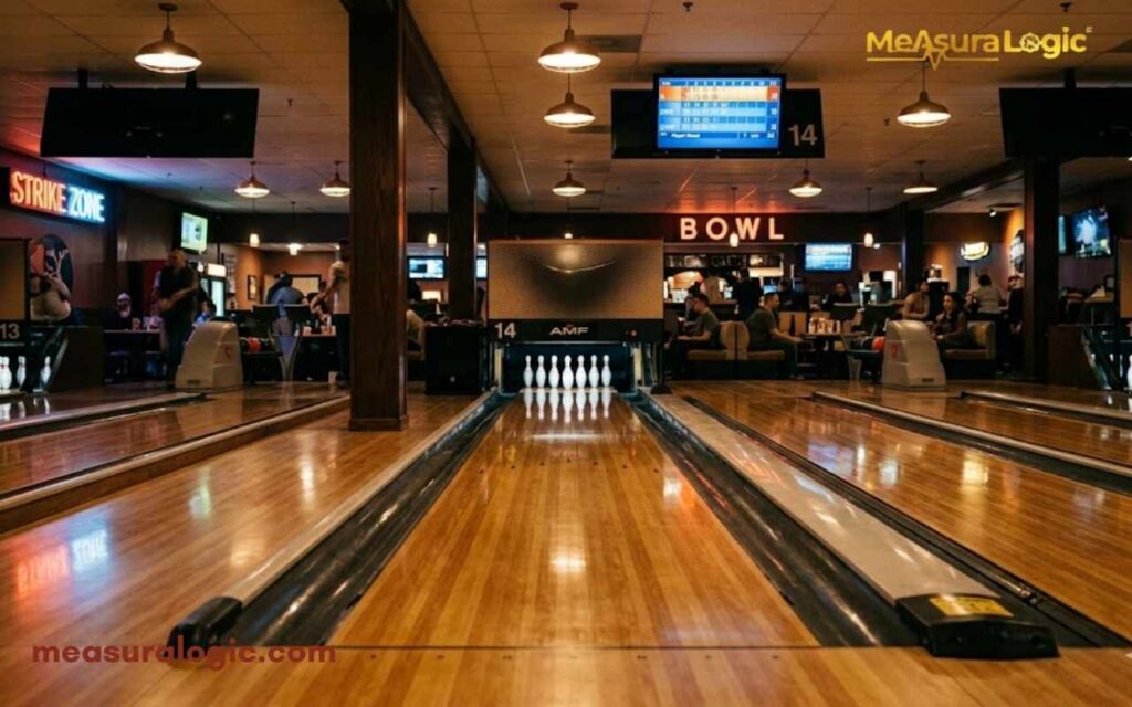 An interior view down a 100 feet bowling lane with pins at the far end. Highly reflective wooden floors under warm, atmospheric lighting.