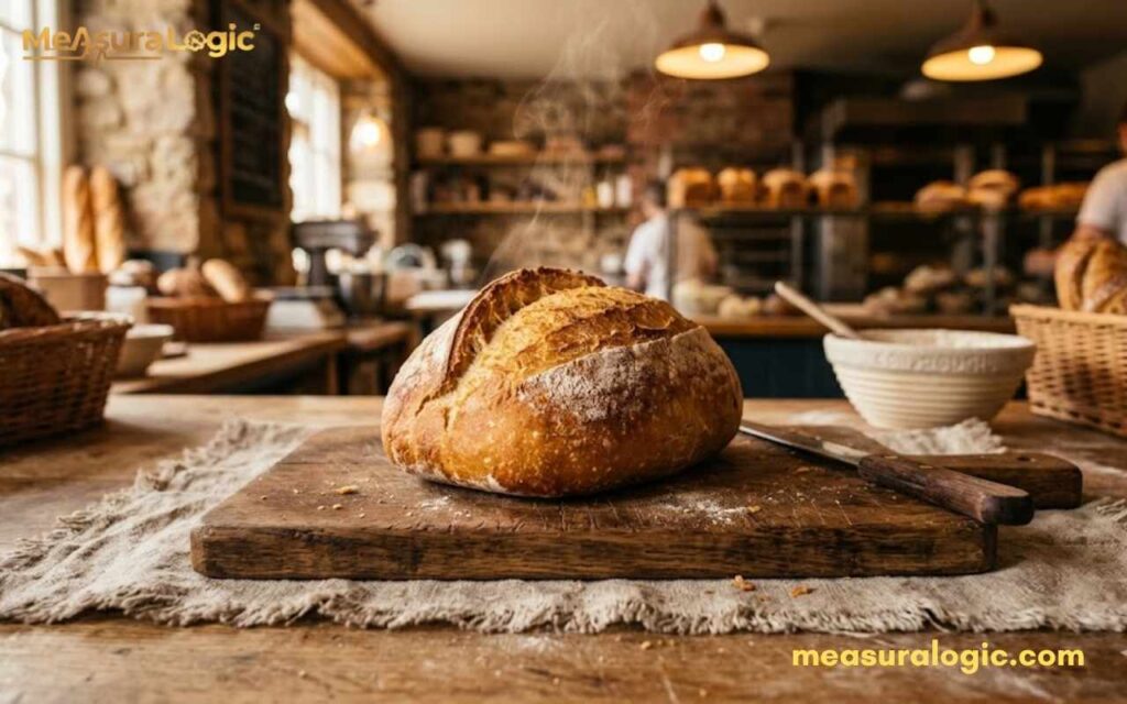 A steaming, crusty loaf of artisanal bread on a wooden board. A knife rests beside it, set against a cozy, blurred bakery interior.