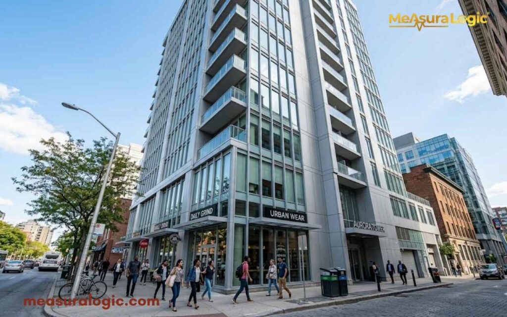 A low angle photograph of a building on a busy street. Pedestrians are walking on the sidewalk. The sky is bright with some light clouds.