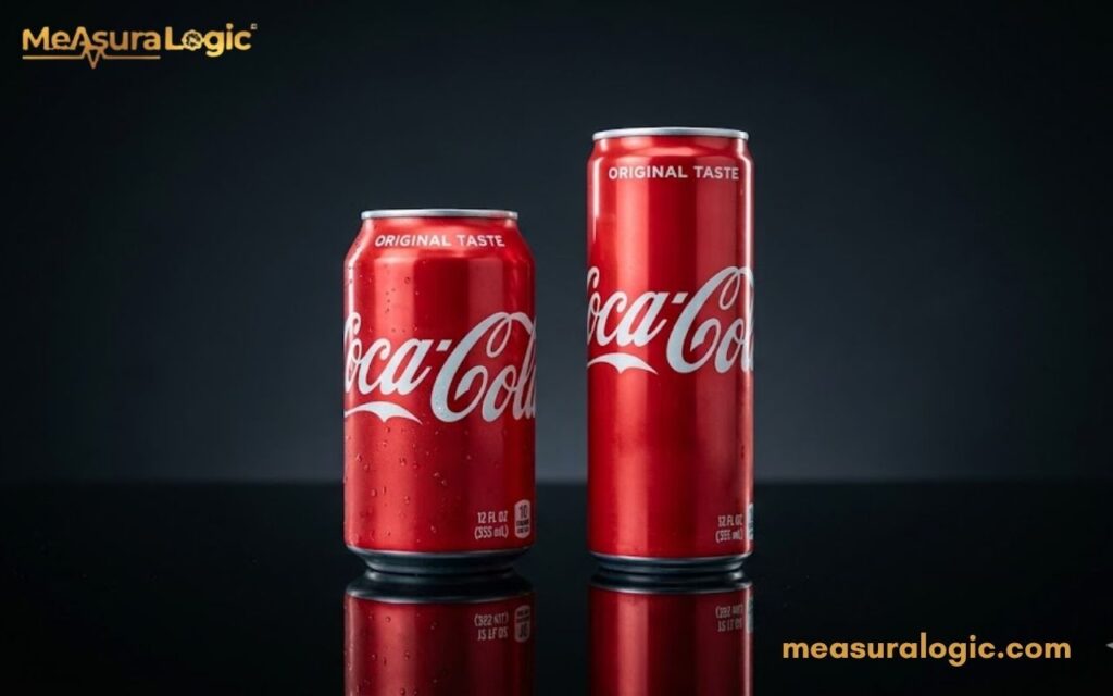 A side by side photo of two 12 ounce red Coca-Cola cans on a dark reflective surface. The left is a short, standard can; the right is a tall, slim can.