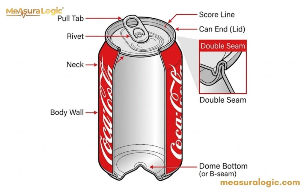 A diagram showing a cross-section of a Coke can with labeled parts. Includes a close-up inset of the double seam structure.