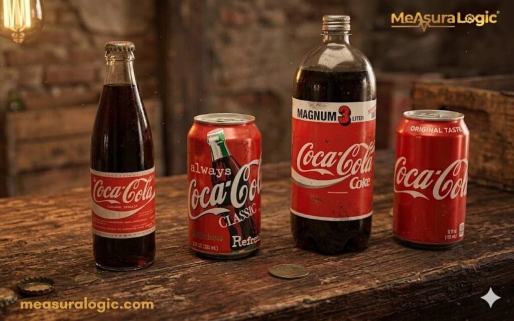 A rustic photo of vintage and modern Coca-Cola products arranged in a line on a wooden counter. The collection includes a glass bottle, two types of cans, and a large plastic Magnum bottle.