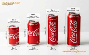 A lineup of four different sized coke can with detailed labels. Each can is labeled with its product name, volume, height, and dimensions.