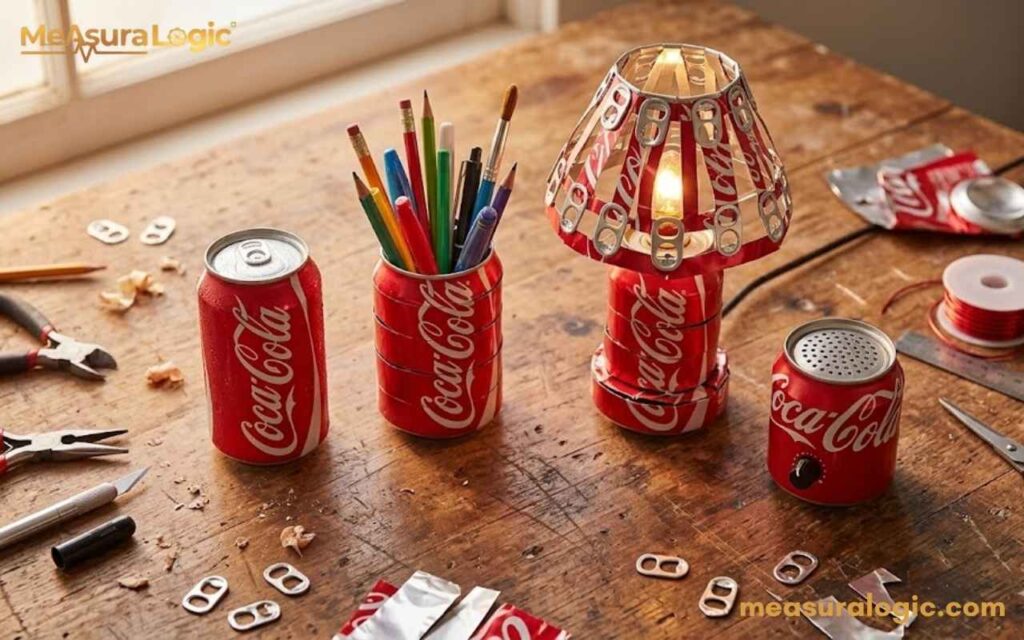 Craft projects on a wooden workbench made from repurposed red Coke can. A small lamp, pencil holder, and speaker are shown alongside tools.