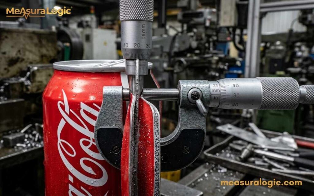 A micrometer measures the wall material at the cut top edge of a Coke can. The can sits in an industrial machine shop with heavy machinery in the background.