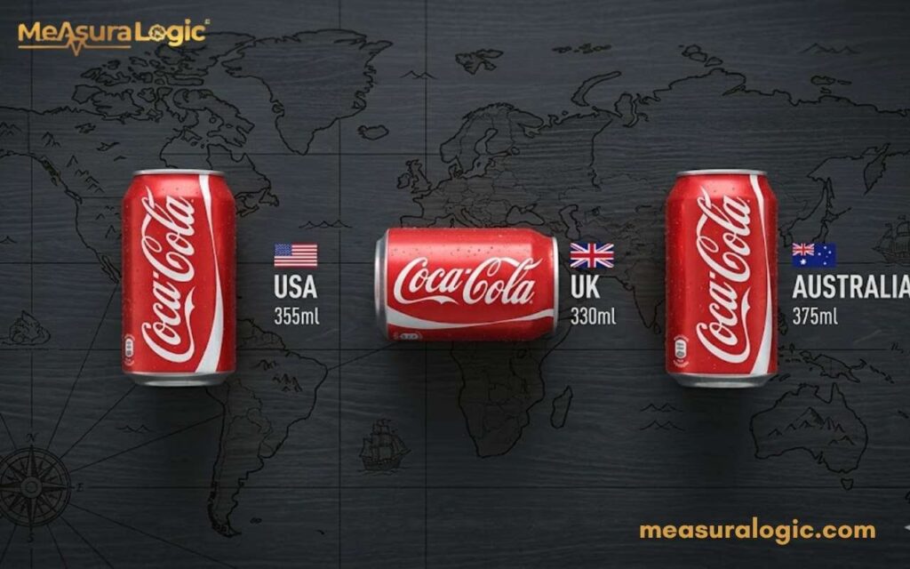 An image of three Coke can on a dark world map background. Labels next to each can show the flag, country name, and volume for the USA (355ml), UK (330ml), and Australia (375ml).