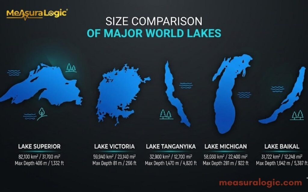 Infographic comparing the sizes and depths of five major world lakes that are Lakes Superior, Victoria, Tanganyika, Michigan, and Baikal.
