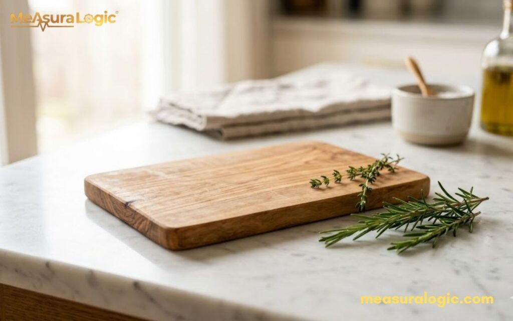 A 9 inches wooden cutting board on a white marble counter, with sprigs of fresh rosemary and thyme beside it.
