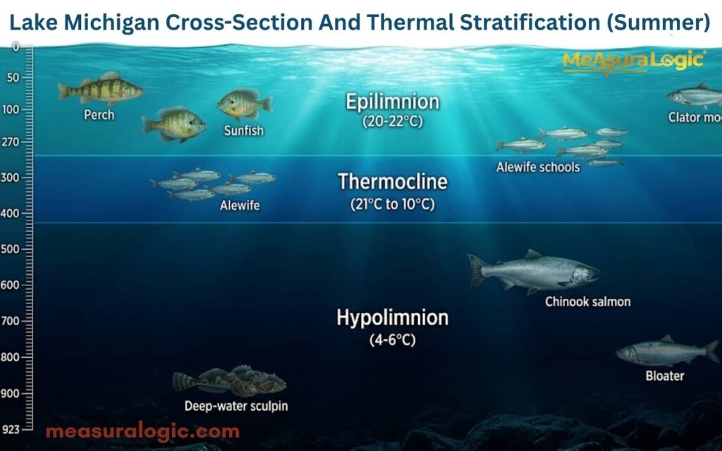 Lake Michigan summer thermal stratification chart. Fish examples shown at various depth zones.