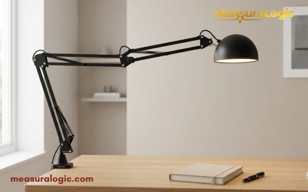 A black adjustable architect lamp is fully extended over a light wood desk in a minimalist workspace.
The side view showcases the lamp's mechanical arm and structure.