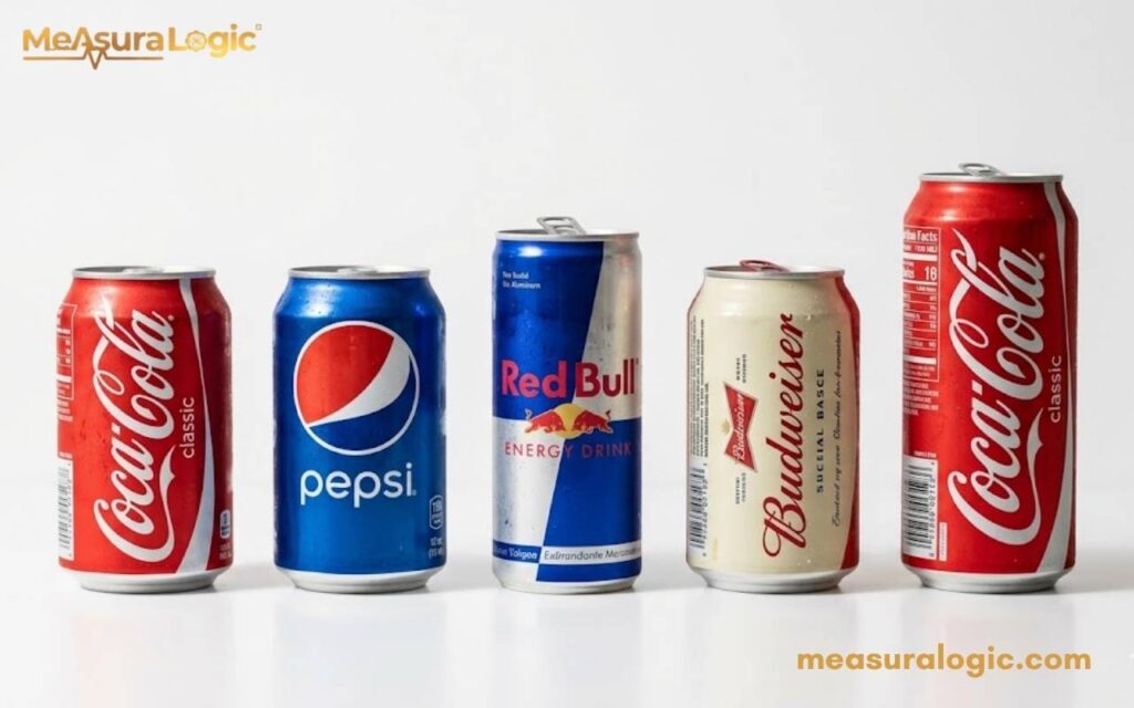 A lineup of five aluminum beverage cans on a white background. Left to right: Coca-cola, Pepsi, Red Bull, Budweiser, and another Coke can.