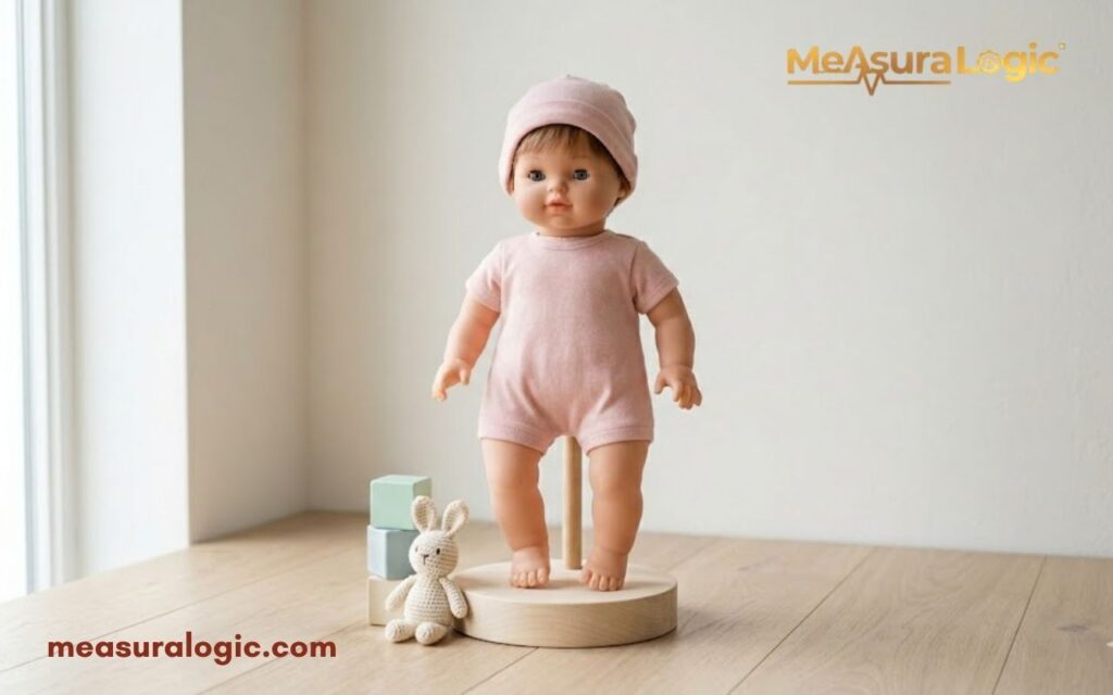 An 18 inches baby doll in pink clothing standing on a wooden display. Soft, minimal setting with a small knit bunny and blocks nearby.