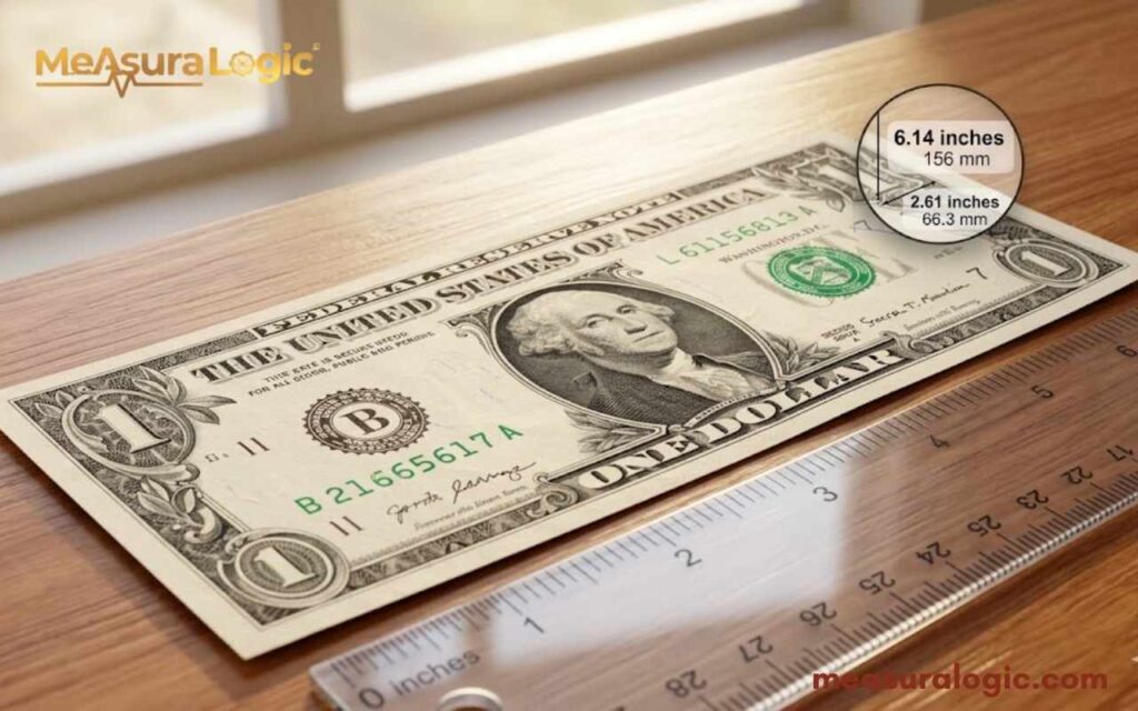 A US one-dollar bill and ruler on a wooden desk. An inset shows its exact 6.14 x 2.61 inch dimensions.