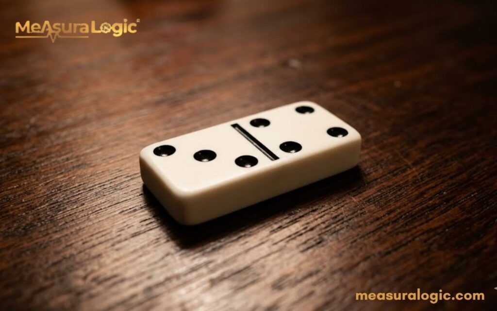 White 2-4 domino tile with black dots. Resting horizontally on a dark, textured wooden surface.