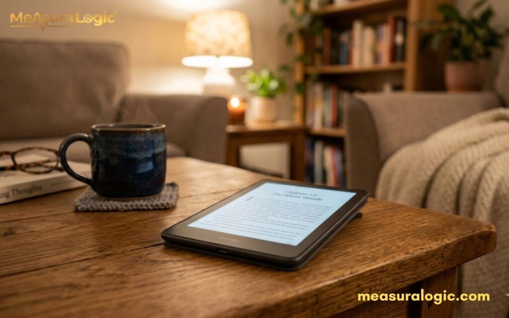 A 9 inches e-reader displaying text rests on a wooden coffee table. Beside it are a steaming mug and reading glasses in a warm living room.