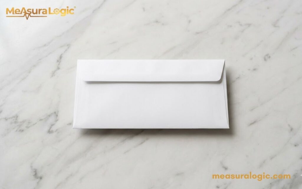 A standard, closed white envelope is centered horizontally. It rests upon a light gray and white marble surface.