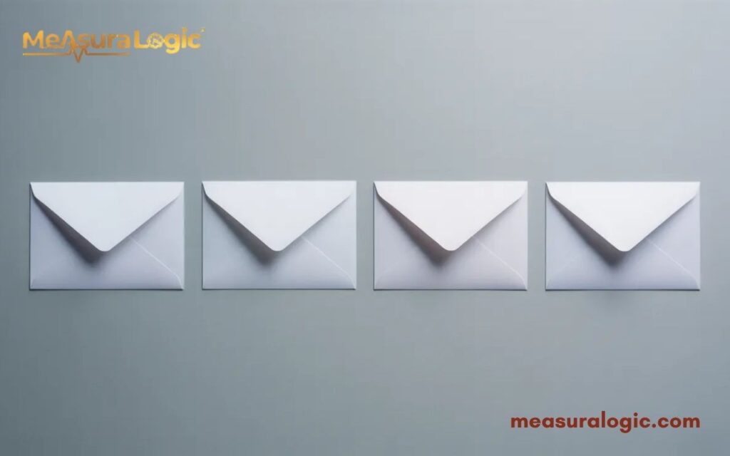 Four envelopes aligned in a straight row on a flat surface, top view, clean and minimal composition, neutral tones.