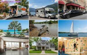 A photo collage displaying real world examples of things that measure roughly 20 feet
