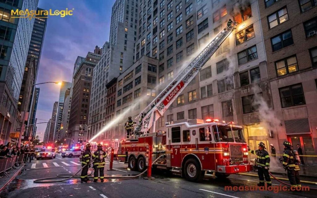 A fire truck parks on a city street with its ladder extended toward a tall building. Firefighters work on the ground amid smoke in dramatic evening lighting.