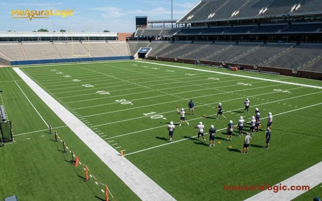 A 100 feet empty football stadium. Group of football players and coaches are conducting a practice session. The weather is clear and sunny.