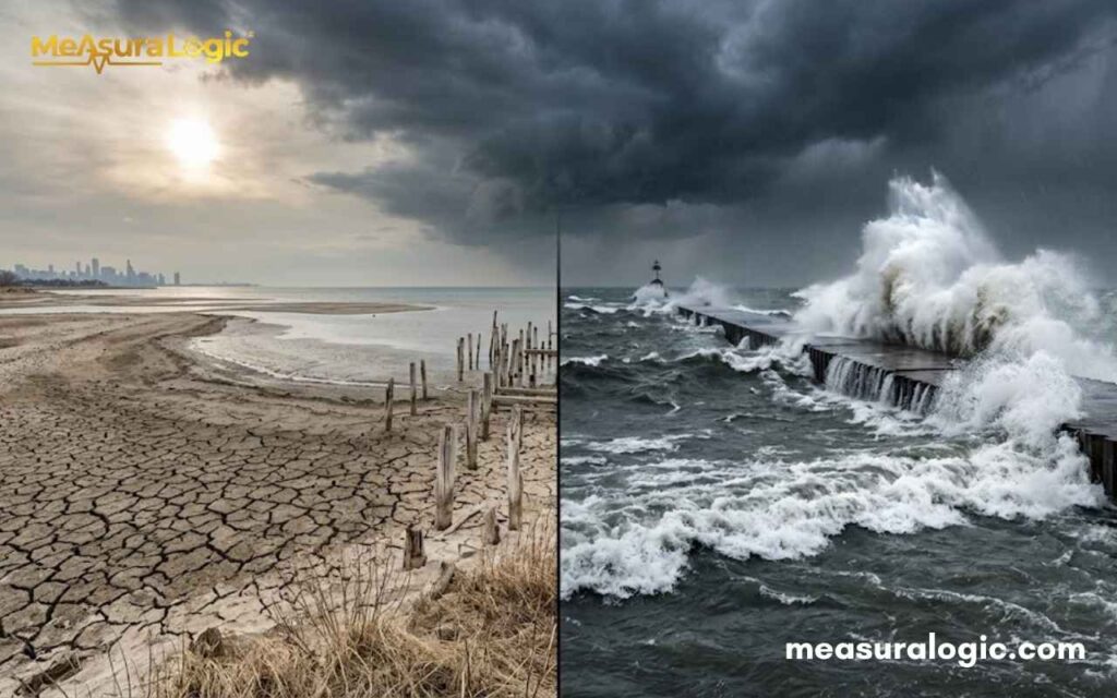 A split image of two coastal scenes under a moody sky. The left side features a cracked, dry landscape; the right side shows a storm with waves crashing on a pier.