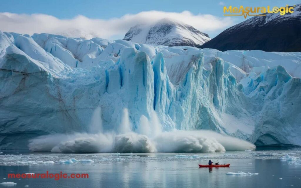 A massive glacier calving into icy waters, creating a large splash. A person in a small red kayak is nearby.