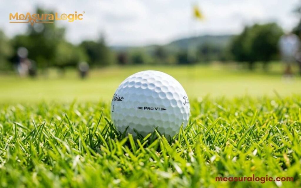 A white golf ball sitting in green grass. Blurry background of a golf course fairway.