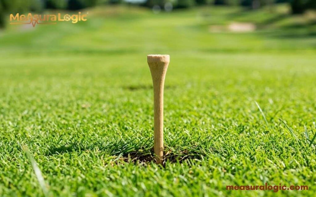 An empty wooden golf tee stands centered in green turf. The background is a blurred view of a sunny golf course fairway.
