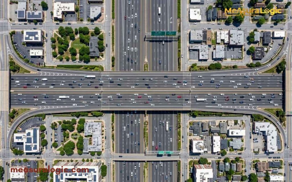 An aerial view of a multi-lane highway interchange bustling with daily traffic.