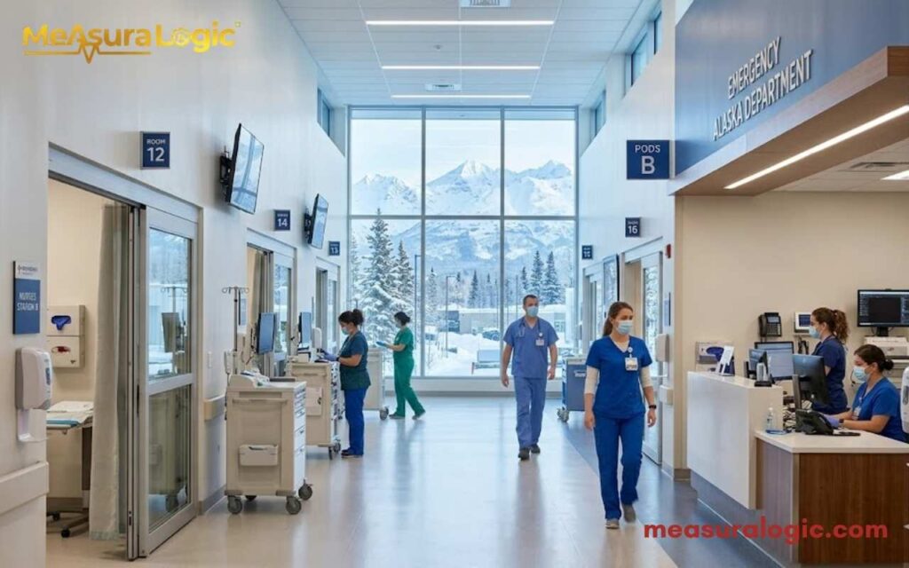 A hospital Emergency Department hallway in Alaska with medical staff in scrubs. At the far end, large windows frame a view of snowy mountains.