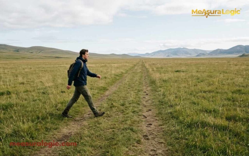 A man with a backpack walks across an open grassy plain. Distant mountains rise under a partly cloudy sky.