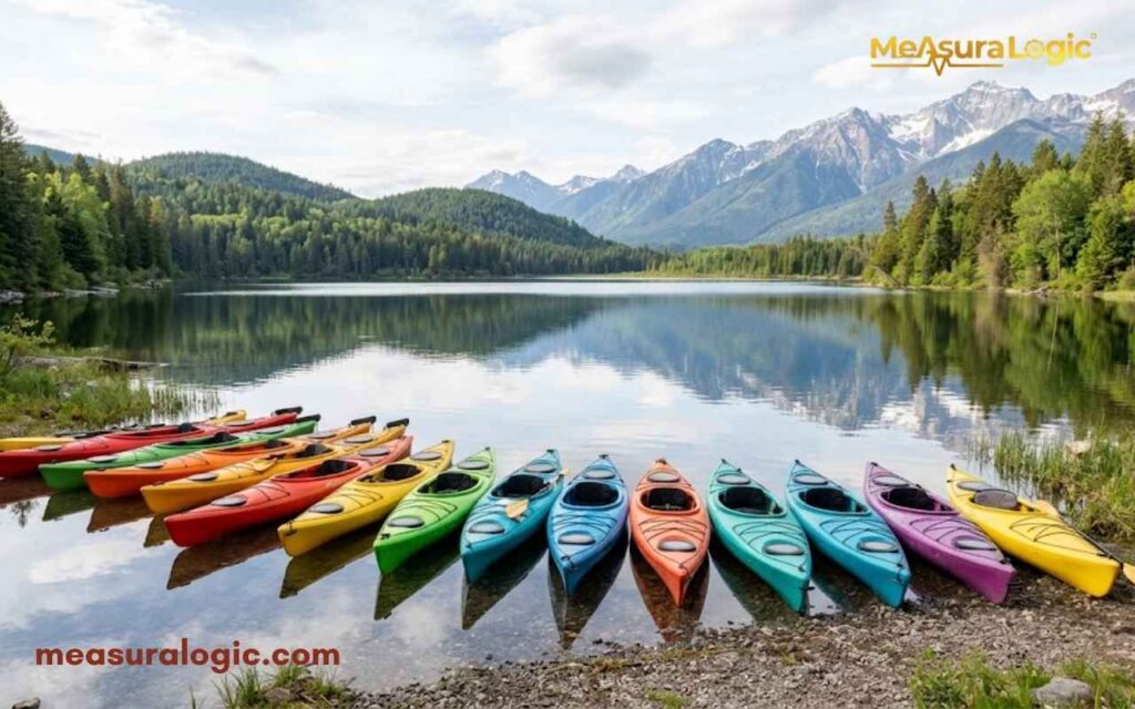 A colorful row of kayaks on a gravel shore of a calm mountain lake. Reflections of an evergreen forest and snowy peaks under a cloudy sky.
