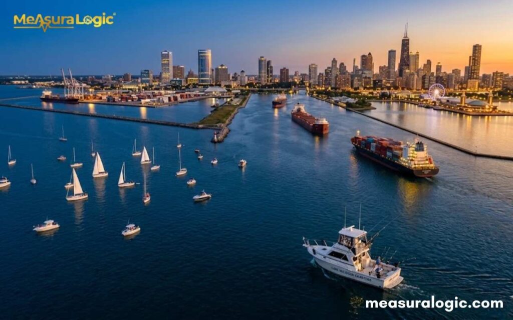 Aerial harbor view at twilight with boats and city. Cargo vessels and yachts navigate water by a lighted skyline.