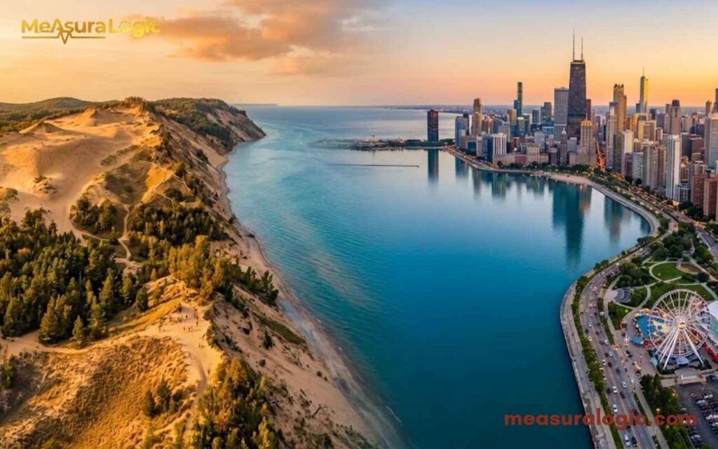 Aerial view of Lake Michigan split between the golden sand dunes of Sleeping Bear Dunes and Chicago’s urban skyline.
