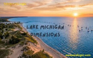 Aerial view of Lake Michigan's sandy dunes and deep water at golden hour. Tiny sailboats dot the vast surface as amber sunlight reflects across the waves.
