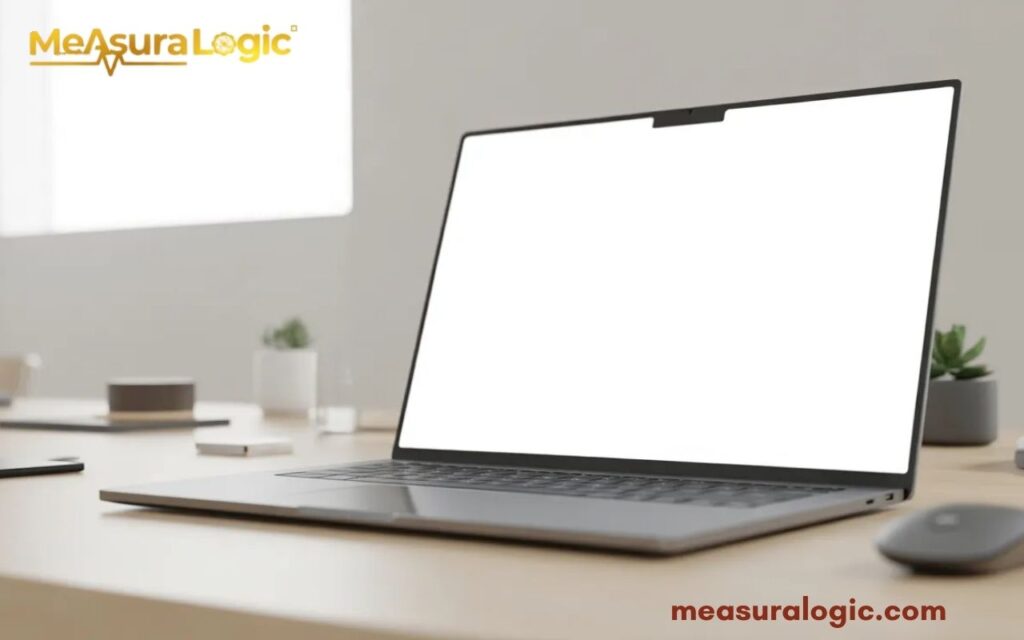 18 inches laptop placed on a clean desk, screen open, modern workspace setup, soft lighting, minimal background and focused on width.